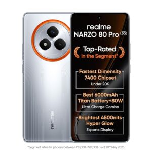 realme NARZO 80 Pro 5G (Speed Silver,12GB+256GB) | Segment's 1st MediaTek Dimensity 7400 Chipset | 6000mAh Titan Battery + 80W Ultra Charge | 4500nits HyperGlow Esports Display | IP69 Waterproof