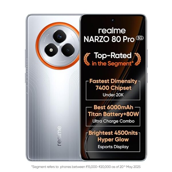 realme NARZO 80 Pro 5G (Speed Silver,12GB+256GB) | Segment's 1st MediaTek Dimensity 7400 Chipset | 6000mAh Titan Battery + 80W Ultra Charge | 4500nits HyperGlow Esports Display | IP69 Waterproof