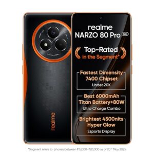 realme NARZO 80 Pro 5G (Nitro Orange,8GB+256GB) | Segment's 1st MediaTek Dimensity 7400 Chipset | 6000mAh Titan Battery + 80W Ultra Charge | 4500nits HyperGlow Esports Display | IP69 Waterproof