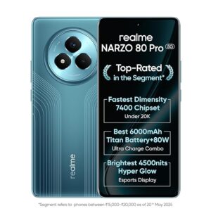 realme NARZO 80 Pro 5G (Racing Green,8GB+128GB) | Segment's 1st MediaTek Dimensity 7400 Chipset | 6000mAh Titan Battery + 80W Ultra Charge | 4500nits HyperGlow Esports Display | IP69 Waterproof